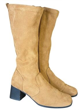 Fanfares Tall Faux Suede Boots Mid Calf Block Heel Side Zip Style Tami SZ 7.5
